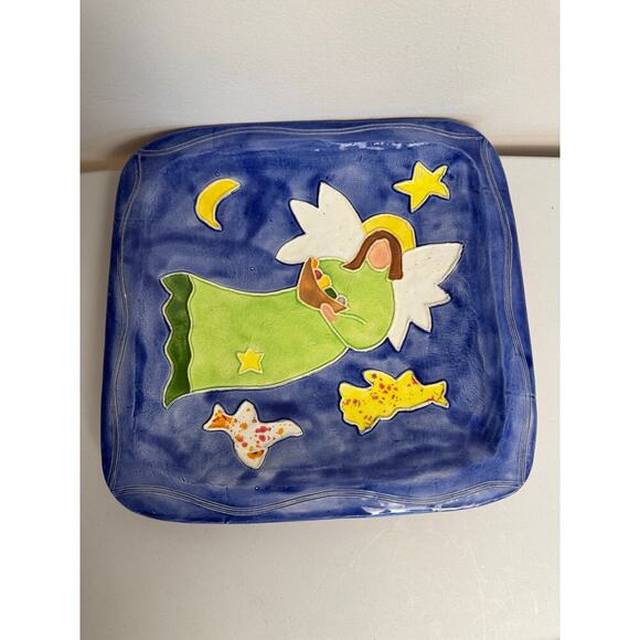 Angel Hand Painted Pottery Platter Wall Hanger 13” Harvest Angel Star Moon Birds - Picture 1 of 9